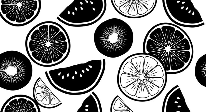 Citrus and watermelon slice pattern black and white vector illustration on a white background