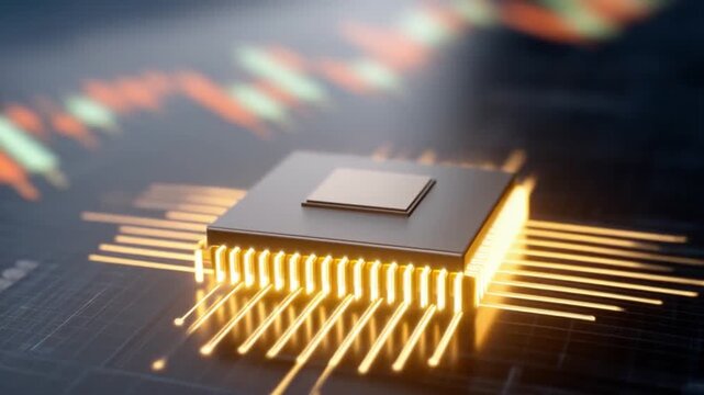 AI chip cybersecurity investment concept featuring glowing microprocessor digital circuit board technology with advanced data