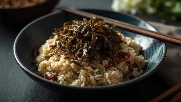 Simple rice dish with shredded seaweed and vegan furikake flavoring