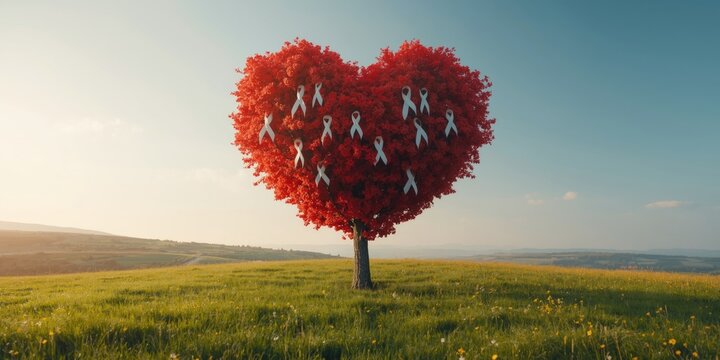 Outdoor scene with a red heart shaped tree and white ribbons advocating violence awareness