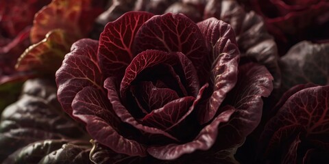 Fototapeta premium Red loose leaf lettuce leaves shown in close up revealing intricate leaf veins