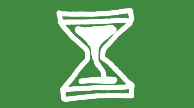 Hourglass time management hand-drawn cartoon graphic with chalk outline sandglass and processing notification icon isolated on green screen background for project deadline line art element concept.