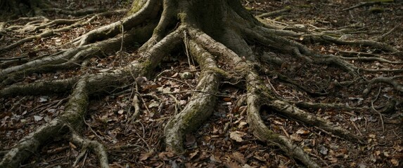 Fototapeta premium Tree roots in a forest with fallen leaves