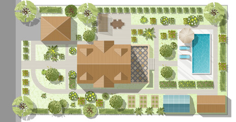 Obraz premium Landscape design plan with house, courtyard, lawn and garage top view. Highly detailed plan of country with modern cottage, garden, pond, pool. Vector illustration of Cityscape, Map of town, village