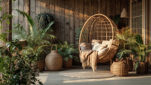Peaceful farmhouse porch d&Atilde;&copy;cor showing a hanging rattan egg chair with plush neutral blankets and vibrant plants