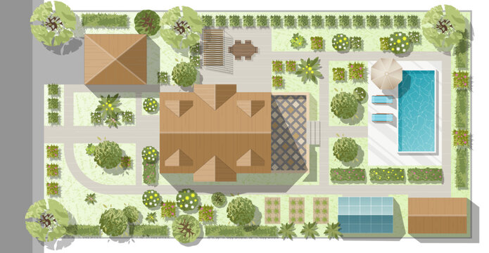 Landscape design plan with house, courtyard, lawn and garage top view. Highly detailed plan of country with modern cottage, garden, pond, pool. Vector illustration of Cityscape, Map of town, village
