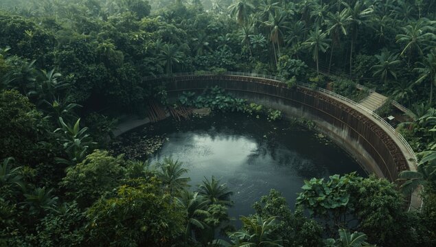 Oil containment basin supporting environmental safety at tropical extraction site