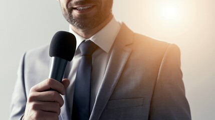 Naklejka premium Man in suit and tie holding a handheld microphone, speaking and smiling during a conference or event