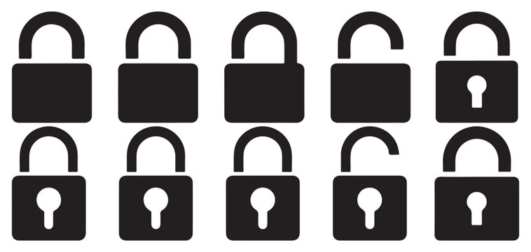 Bold solid padlock icon set for data protection and web safety. vector illustration eps 10