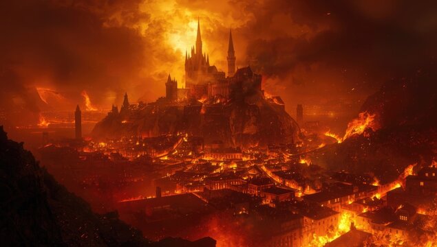 Burning castle on a hill with fiery sky backdrop