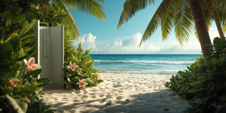 Restful ocean view shower enclave framed by abundant greenery and pristine sandy beach area