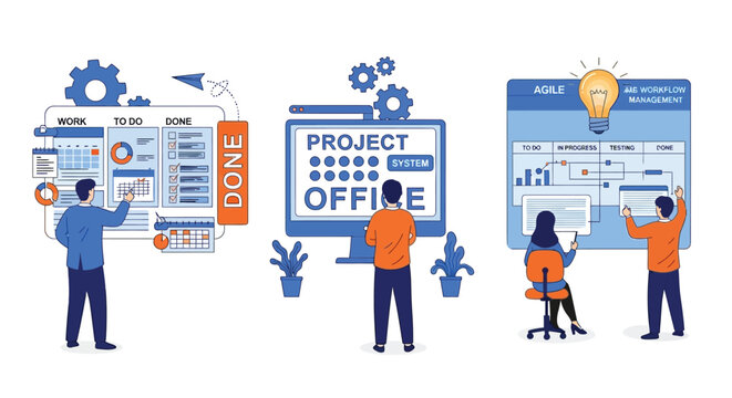 Professional team working on agile project management tasks with digital boards and workflow tools flat vector illustration for business productivity concepts.