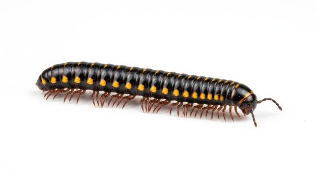 A millipede with a black body and yellow spots crawls on a white background
