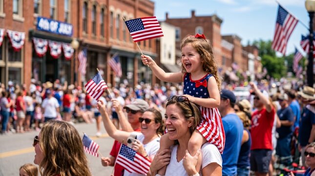 Joyful child on shoulders waves American flag at a patriotic Independence Day parade celebration