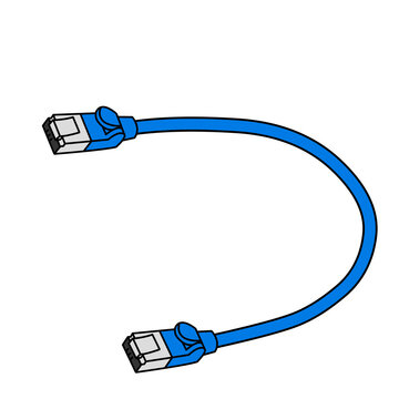 Blue LAN cable icon rotated at a diagonal angle flat vector illustration of a curved ethernet network cable with RJ45 connectors and latch clips for technology design projects