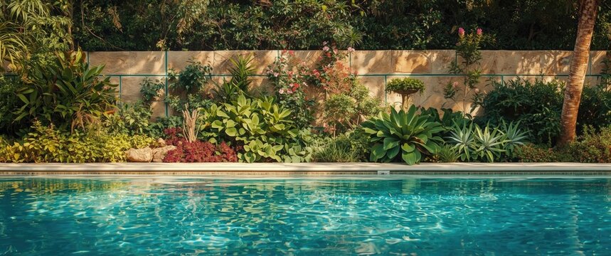 Swimming pool surrounded by lush greenery and plants