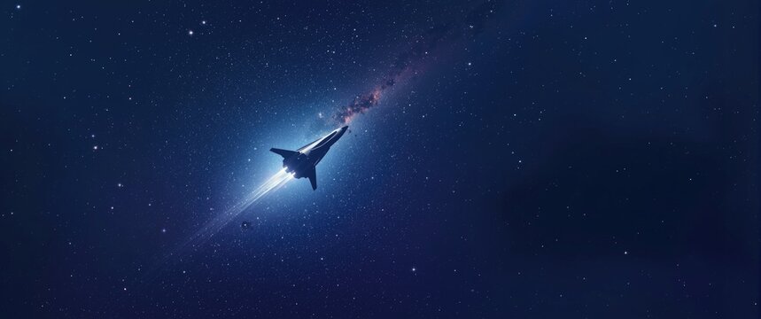 Spaceship traveling through a starry galaxy background