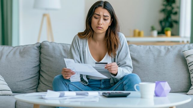 Young woman reviewing budget, holding bills and credit card, stressed about financial planning and expenses