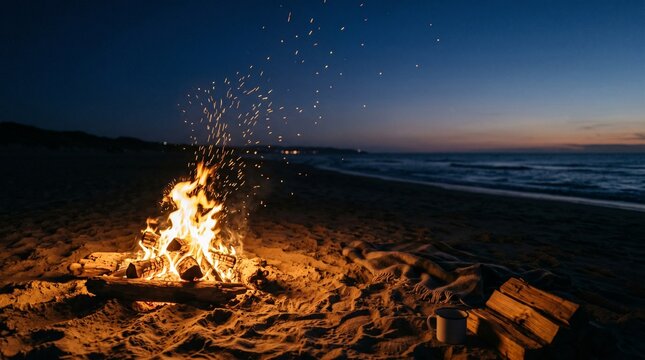 Warm campfire on a sandy beach at dusk with ocean waves and starry sky