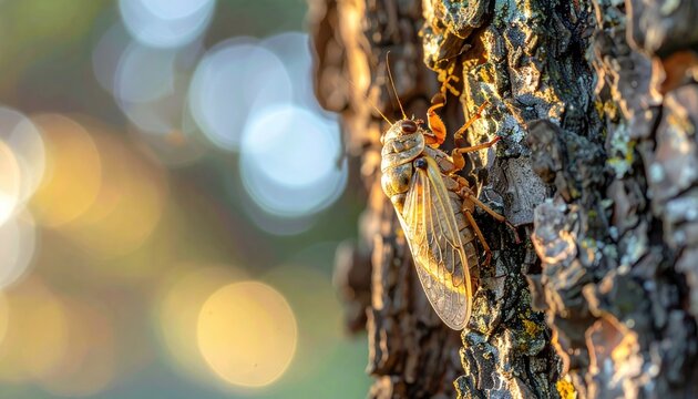 Detailed Macro Photograph of a Cicada Insect Clinging to Rough Tree Bark During Golden Hour Sunlight