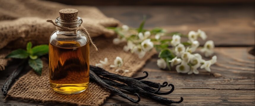 Vanilla extract bottle with vanilla pods and flowers on burlap