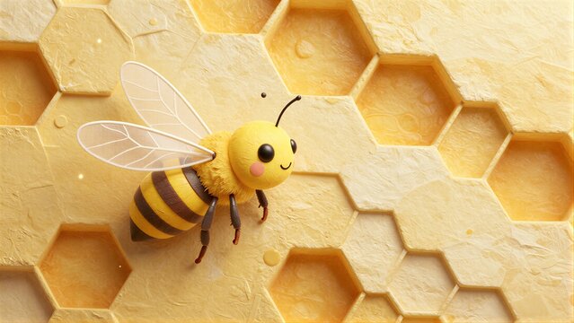 Cute bee perches on golden honeycomb, smiling amidst hexagonal sweetness.