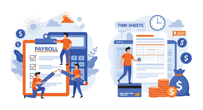 Corporate payroll and time sheets management system with tiny office workers using calculator and pencils for accounting financial reports and payments.