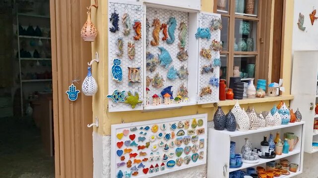 Margarites Rethymno Crete 4K. Handheld close up of traditional Greek pottery shop exterior wall with ceramic vases clay pots and souvenir crafts. Authentic craft hidden gems travel lifestyle asset