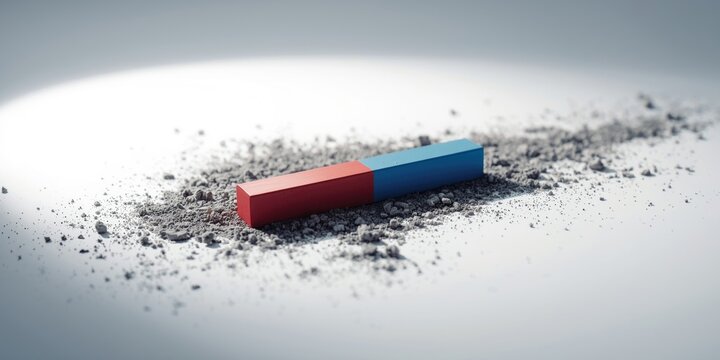 Scientific demonstration of magnetic field using a red and blue bar magnet and iron powder on a bright background