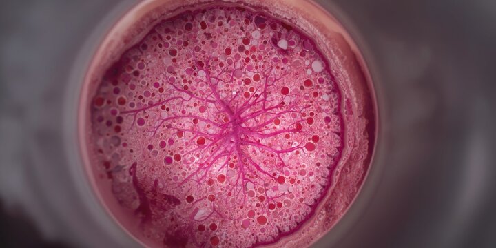 Magnified cross section of gastric tissue revealing complex textures and vibrant hues in laboratory analysis