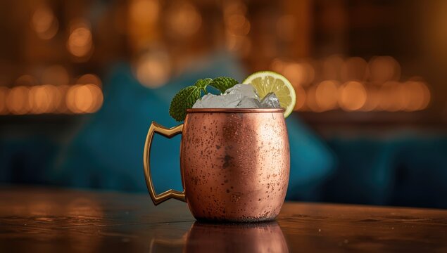 Icy mule cocktail presented in a rustic copper mug set before a soft warm bokeh background inside a snug bar