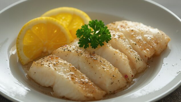 Sliced haddock fillets paired with lemon wedges and parsley garnish