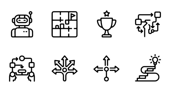 AI Robot, Strategy Map, Trophy, Flowchart Icons: Business Success & Decision Making