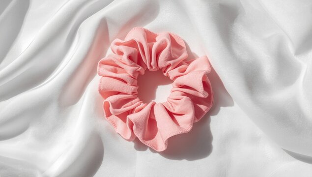 Pink hair scrunchie artistically placed on a bright white surface with smooth fabric texture