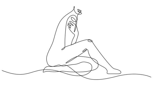 Animated self drawing of continuous line draw A nude woman&rsquo;s body is drawn in one line style. Woman in mediation minimalist trendy line art, animation of a seated nude woman