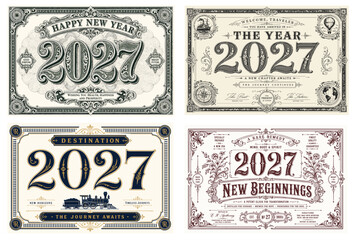 Obraz premium Happy New Year 2027 Vintage Certificate Collection Vector Set, Victorian Style Happy New Year 2027 Ornamental Typography Bundle, Antique Engraved New Year 2027 Certificate and Label Designs