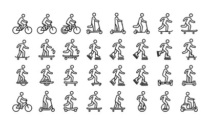 Personal transportation thin line icon set with bicycle scooter and electric skates © MdRabbi