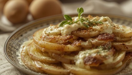 Fototapeta premium Traditional French culinary potato layering with fresh cream