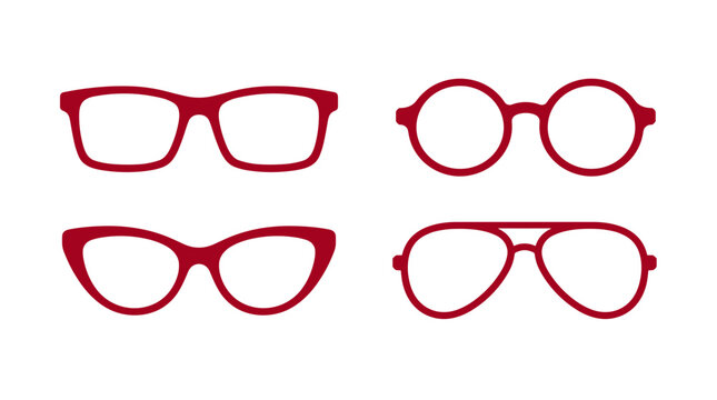 Set of four distinct styles of red-framed glasses with varying shapes against a white background