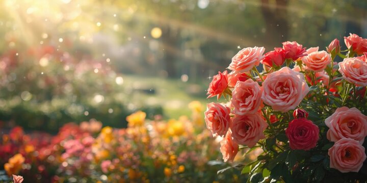 Happy roses flowering abundantly in a vibrant landscape