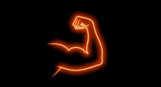 Glowing Neon Orange Bicep Flexing Arm Silhouette Against Black Background, Symbolizing Strength and Power