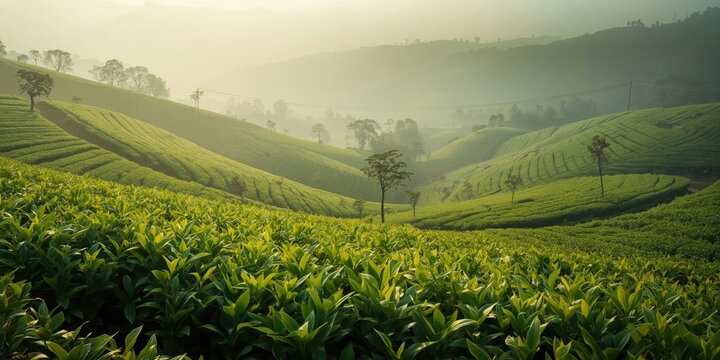 Green tea fields arranged in neat rows on hill slopes with cool morning haze