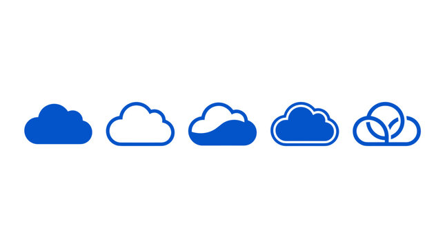 Set of five stylized blue cloud icons with varying designs and outlines against a white background