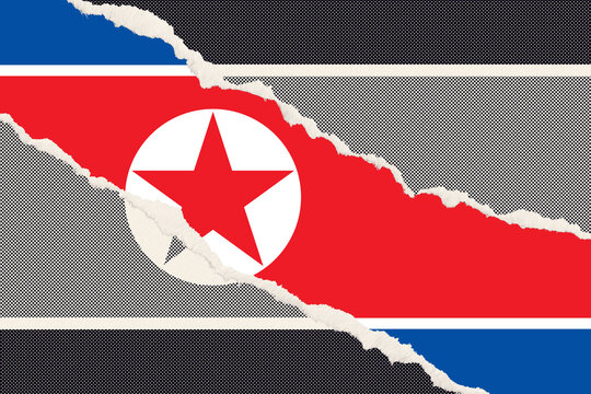 Torn North Korean Flag Illustrates a Distressed National Identity with Pop Art Halftone and Checkerboard Patterns