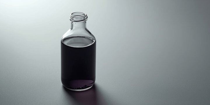 Laboratory bottle containing propylene glycol liquid with dark glass and copy space for writing