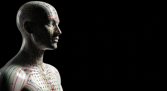 Human Body Acupuncture Meridian Lines and Acupoints 3D Render