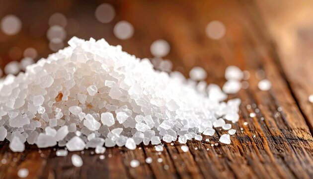 Heap of white coarse sea salt crystals on rustic dark wooden surface, culinary seasoning and healthy cooking ingredient