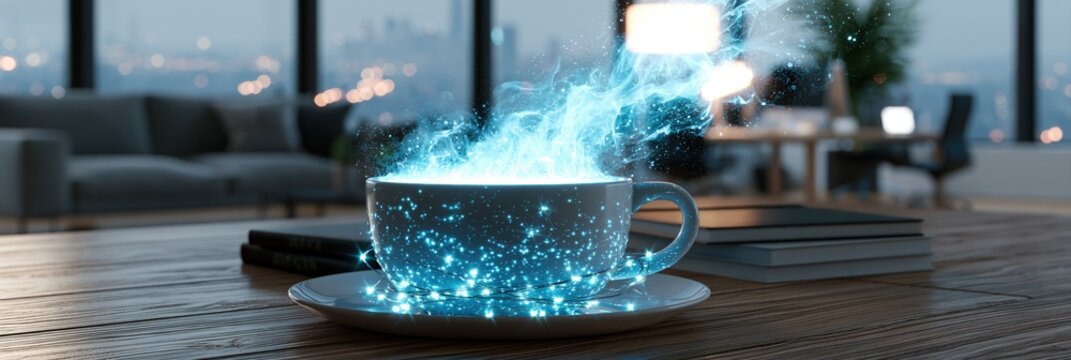 Magical glowing coffee cup with blue energy steam and sparkling lights on a wooden table in a modern apartment