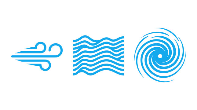 Set of three stylized blue vector icons representing wind, water waves, and a whirlpool, suitable for environmental or weather-related applications