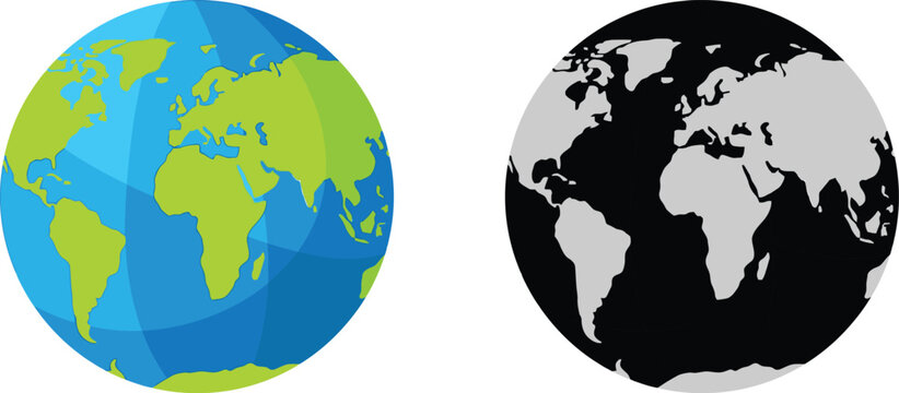 Colorful and monochrome flat vector illustrations of planet Earth globes showing continents for global concepts